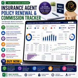 May include: A laptop screen shows an insurance agent policy renewal and commission tracker dashboard. The dashboard displays charts, graphs, and data for tracking renewals, commissions, and policy information. Text on the screen includes "Buy Now" and "Excel Dashboard."
