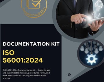May include: A promotional image for a documentation kit. The text reads "DOCUMENTATION KIT ISO 56001:2024". The image includes a person in a suit using a tablet, a rocket graphic, and a gear icon with light bulbs.