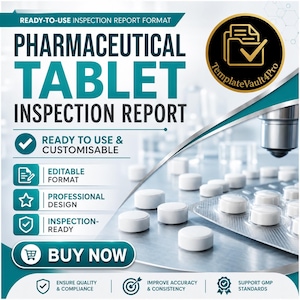 Pode incluir: Um modelo de documento digital intitulado Pharmaceutical Tablet Inspection Report com um logótipo circular dourado. O design apresenta texto em azul-petróleo e branco, ícones de verificação e comprimidos brancos numa superfície metálica.