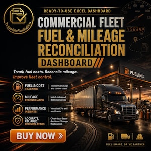 May include: A digital commercial fleet fuel and mileage reconciliation Excel dashboard template. The graphic features a semi-truck at a fueling station, a speedometer, and text detailing tracking, mileage, performance, and decision-ready data.