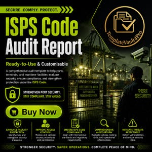 Puede incluir: Una plantilla de informe de auditoría del código ISPS con un diseño en negro y verde lima. El texto dice Secure. Comply. Protect. ISPS Code Audit Report, Ready-to-Use & Customisable, Strengthen Port Security, Buy Now y otros textos de seguridad.