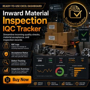 May include: A digital Excel dashboard for Inward Material Inspection IQC Tracker featuring text, icons, and data visualisations. The layout includes sections for IQC logs, acceptance status, defect tracking, and inspection summary with a Buy Now button.