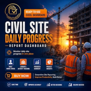 Puede incluir: Un gráfico digital para un panel de control de informes diarios de obra. El texto dice Ready-to-Use Excel Dashboard, Civil Site Daily Progress Report Dashboard y Buy Now. Incluye iconos para el estado del trabajo y seguimiento de actividades.