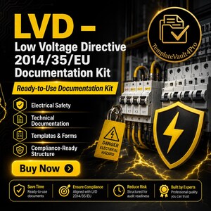 Op de afbeelding: Een digitale afbeelding voor een LVD Low Voltage Directive 2014/35/EU documentatiekit. De zwarte achtergrond bevat gele bliksemaccenten, een stroomonderbreker, een geel gevarenlabel en een schildpictogram met een bliksemschicht.