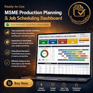 May include: A laptop displaying a MSME Production Planning & Job Scheduling Dashboard. The screen shows charts and data, with the text "Ready-to-Use" and "Buy Now". The dashboard is designed for Excel and promises instant insights.