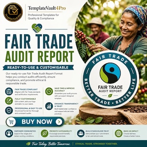 May include: A promotional image for a Fair Trade Audit Report. The image features a circular Fair Trade logo, text, and a photo of people harvesting coffee beans. The text includes "Ready-to-Use & Customisable" and "Buy Now."