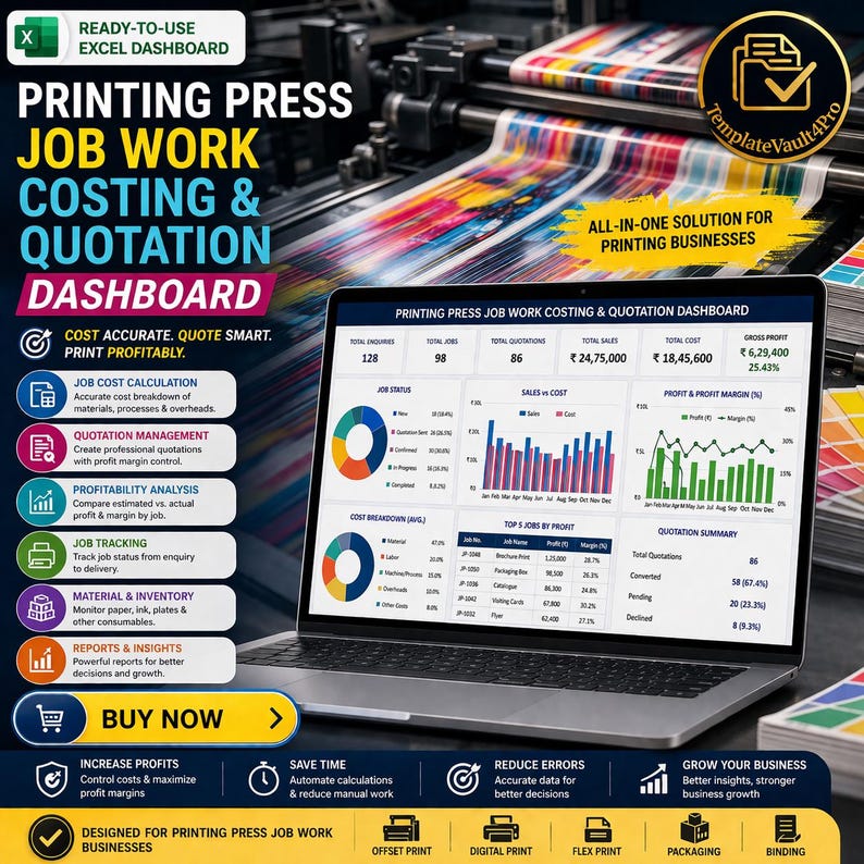Machine Print Chart Printing Press Costing Excel Dashboard | Job Work Quotation Calculator ...