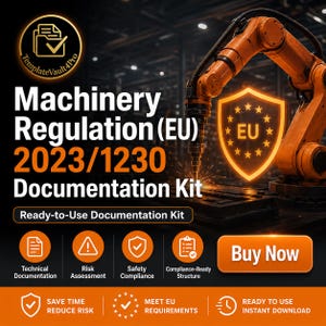 Op de afbeelding: Een digitale documentatiekit voor de Machinerichtlijn (EU) 2023/1230 met een oranje robotarm en een oplichtend EU-schild. De tekst bevat Technical Documentation, Risk Assessment, Safety Compliance en een Buy Now-knop.