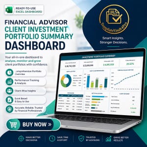 May include: A laptop screen displays a financial advisor client investment portfolio summary dashboard. The dashboard includes charts, graphs, and financial data. Text on the screen includes "Investment Portfolio Summary" and "Buy Now".