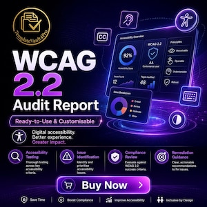 May include: A digital graphic promoting WCAG 2.2 Audit Report. The image features the text "WCAG 2.2 Audit Report" with supporting graphics, including charts, icons, and the words "Buy Now". The color scheme is primarily purple and white.