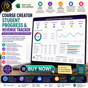 May include: A laptop displays a "Course Creator Student Progress & Revenue Tracker" dashboard. The screen shows charts, graphs, and data visualizations for student progress, revenue, and course performance. The text "Buy Now!" is prominent.