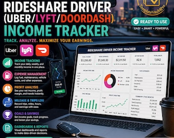 Rideshare Driver Excel Dashboard | Uber Lyft DoorDash Income & Expense Tracker | Mileage Log + Profit Calculator | Gig Work Template