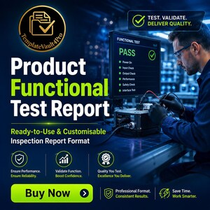 May include: A digital graphic for a Product Functional Test Report template. It features a technician testing equipment with a monitor displaying a PASS status. Text includes TemplateVault4Pro, Ready-to-Use & Customisable Inspection Report Format, and Buy Now.
