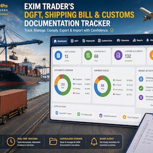 Può includere: Una dashboard digitale intitolata Exim Trader's DGFT, Shipping Bill & Customs Documentation Tracker che mostra grafici, stato delle spedizioni e attività recenti, su uno sfondo portuale con nave cargo e camion.