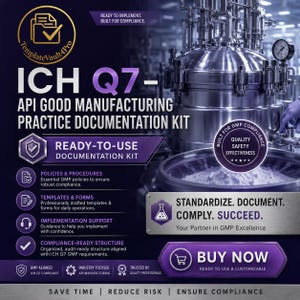 Peut inclure: Un graphique marketing numérique pour un kit de documentation ICH Q7 API Good Manufacturing Practice. Le design violet et argenté présente du texte, des icônes et une image de fond d'un réacteur industriel en acier inoxydable avec manomètre.