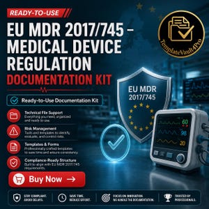Könnte beinhalten: Ein digitales Dokumentations-Kit für die EU-Medizinprodukteverordnung MDR 2017/745. Die Grafik zeigt einen medizinischen Monitor, ein Schild-Symbol mit der EU-Flagge und Text zu technischer Dokumentation und Vorlagen.