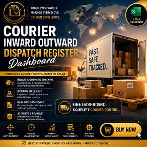 Pode incluir: Um modelo digital de painel de registro de envios de correio para Excel. O gráfico mostra um caminhão de entrega, caixas de papelão, um mapa-múndi e texto incluindo "Track every parcel," "Manage every move," e "Deliver excellence."