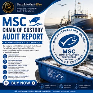 May include: A promotional image for an MSC Chain of Custody Audit Report. The design features a blue and white color scheme with the MSC logo prominently displayed. The image includes text about compliance, sustainability, and traceability, along with a call to action to buy now.