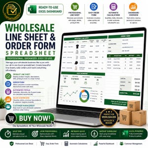 May include: A laptop screen displays a wholesale line sheet and order form spreadsheet. The spreadsheet includes product details, order forms, and sales dashboards. Text on the screen reads "BUY NOW!" and "PERFECT FOR WHOLESALERS, RETAILERS & BRANDS."
