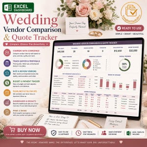May include: A digital wedding vendor comparison and quote tracker displayed on a tablet. The screen shows budget overviews, vendor categories, and a comparison chart. The image includes text that says "Wedding Vendor Comparison & Quote Tracker" and "Buy Now".