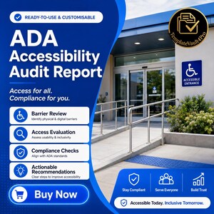 May include: A blue and white graphic promoting an ADA Accessibility Audit Report. The report promises access for all and compliance. The image includes icons for barrier review, access evaluation, compliance checks, and actionable recommendations. The text "Buy Now" is also included.