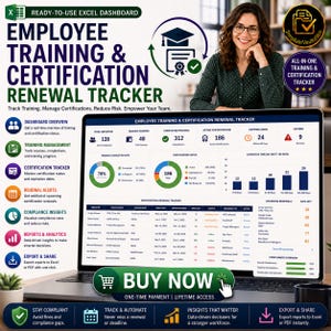 Puede incluir: Una pantalla de portátil muestra un panel de control de seguimiento de la formación y renovación de certificaciones de empleados. La imagen incluye gráficos y visualizaciones de datos. El texto "COMPRAR AHORA" también es visible. Una mujer con gafas y camisa verde.