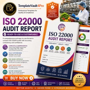 May include: An ISO 22000 Audit Report template with a purple and orange design. The cover features the title "ISO 22000 AUDIT REPORT" and icons related to food safety. The image also includes a person in a lab coat.