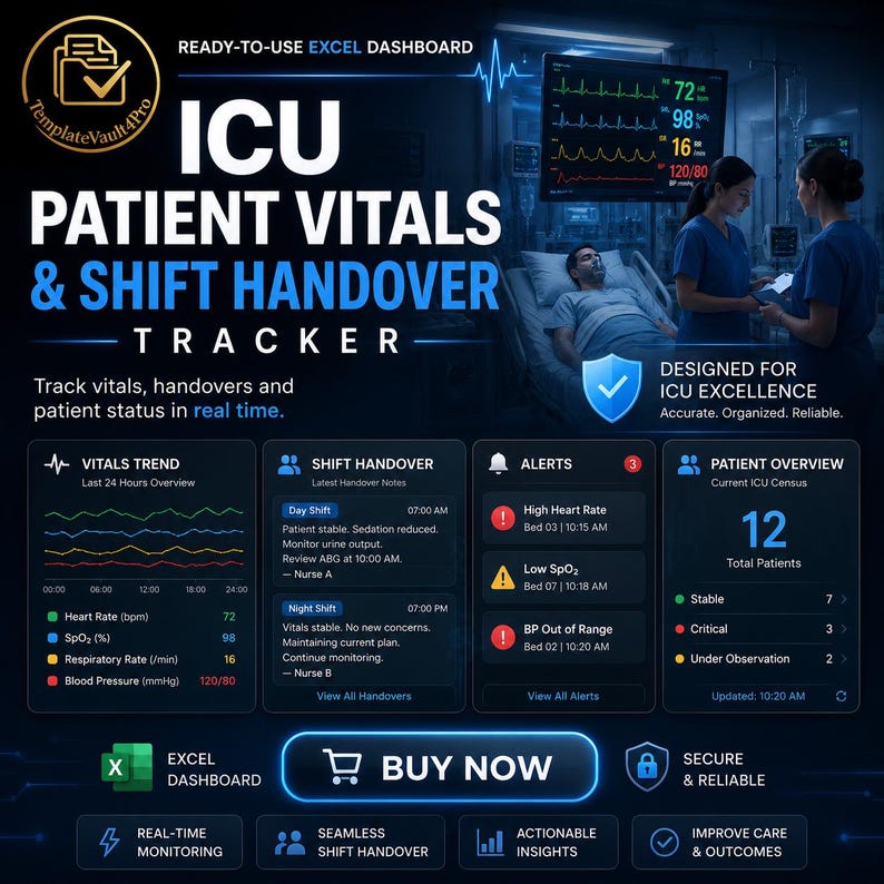 ICU Excel Dashboard | Patient Vitals Shift Handover Tracker | Critical ...
