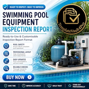 Puede incluir: Una plantilla digital de informe de inspección de equipos de piscina con texto azul y blanco, un logotipo circular dorado con un icono de archivo y una imagen de fondo de un sistema de bomba y filtro de piscina azul con una salpicadura de agua.