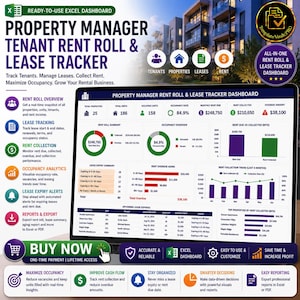 May include: A digital dashboard for property management, tracking rent rolls, leases, and occupancy. The Excel dashboard displays key metrics like rent collected, overdue amounts, and upcoming lease expirations. Features include occupancy analytics and lease expiry alerts.