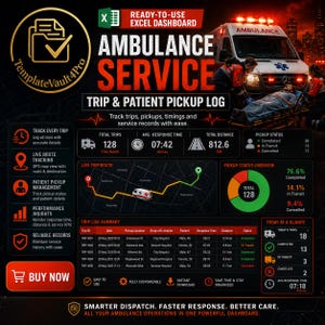 May include: An Excel dashboard template for ambulance service trip and patient pickup logs. The interface displays total trips, response times, distance in kilometers, and pickup status. It includes a live route map, a trip log summary table, and a status overview chart with a dark background and red accents.