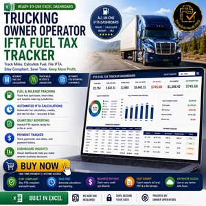 Może przedstawiać: Ekran laptopa wyświetla pulpit nawigacyjny śledzenia podatku paliwowego IFTA z wykresami i danymi. Obraz zawiera ciężarówkę i tekst "Trucking Owner Operator IFTA Fuel Tax Tracker". Pulpit nawigacyjny jest zbudowany w programie Excel.