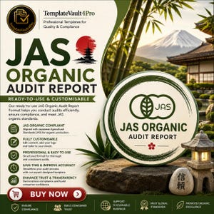 May include: A promotional graphic for a JAS Organic Audit Report. The design features Japanese-inspired imagery, including a pagoda, bamboo, and a mountain. The report is ready-to-use and customizable, with a focus on compliance and consumer trust.