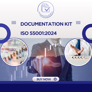 以下が含まれることがあります： ドキュメントキットのプロモーション画像。「DOCUMENTATION KIT」と「ISO 55001:2024」のテキストが表示されています。また、「ASSET」という単語が文字ブロックで綴られており、「今すぐ購入」ボタンも含まれています。