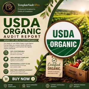 May include: A promotional graphic for a USDA Organic Audit Report. The design features the text "USDA ORGANIC" in large green letters, a circular USDA Organic logo, and a "Certified Organic" tag. The background includes a field of green plants.
