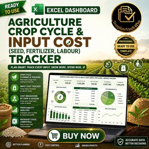 Peut inclure: Tableau de bord Excel pour l'agriculture, suivant les cycles de culture et les coûts des intrants. L'image montre un ordinateur portable affichant des données sur les coûts des semences, des engrais et de la main-d'œuvre, avec des graphiques. Le texte indique "Acheter maintenant" et "Prêt à l'emploi."