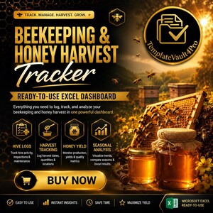 Puede incluir: Un anuncio de panel de control de Excel para apicultura y cosecha de miel con texto dorado sobre fondo negro, tarros de miel, un marco de panal y abejas. Incluye iconos para registros de colmenas, seguimiento de cosecha y análisis estacional.