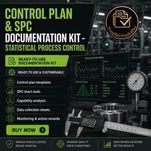 Op de afbeelding: Een digitale documentatiekit getiteld Control Plan & SPC Documentation Kit - Statistical Process Control. Het bevat een monitor met procesbewakingsgrafieken, een digitale schuifmaat met 25,00 mm en een meetklok op een metalen onderdeel.
