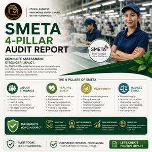 Puede incluir: Gráfico del Informe de Auditoría SMETA de 4 Pilares con texto e iconos. El informe cubre las normas laborales, salud y seguridad, medio ambiente y ética empresarial. La imagen incluye a una mujer con uniforme azul y el texto "Ethical Business. Responsible Supply Chains. Better Tomorrow."