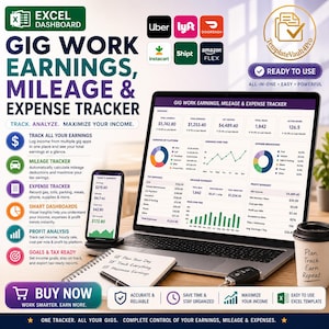 May include: An Excel dashboard graphic for gig workers to track earnings, mileage, and expenses. The image includes a laptop displaying financial data, a smartphone, a notepad, and a coffee cup. The text reads "Track, Analyse, Maximise Your Income."