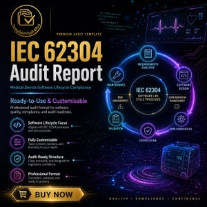 May include: A digital graphic promoting an IEC 62304 Audit Report for medical device software. The design features a circular diagram of software life cycle processes, a medical device monitor, and the text "Ready-to-Use & Customisable."