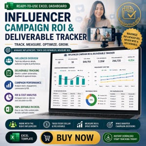 May include: An Excel dashboard titled "Influencer Campaign ROI & Deliverable Tracker" on a laptop screen. The dashboard displays campaign performance metrics, including total engagements and ROI. The image also includes the text "Buy Now".