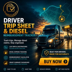 May include: A digital graphic for a Driver Trip Sheet & Diesel Reimbursement Tracker. It features a semi-truck at a gas station, a map route icon, and text detailing features like log trips, diesel expense tracking, and a summary dashboard.