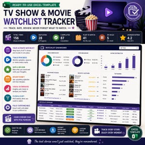 Op de afbeelding: Een Excel-sjabloon voor het volgen van tv-programma's en films. Het ontwerp omvat een klapbord, popcorn en een computerscherm. Het dashboard toont showstatistieken, beoordelingen en aankomende afleveringen. De tekst luidt: "TV Show & Movie Watchlist Tracker."
