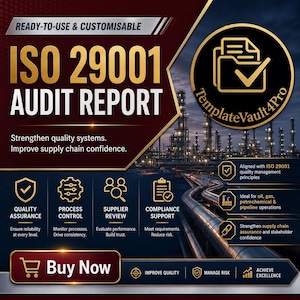 May include: A digital graphic for an ISO 29001 Audit Report template featuring gold text on a dark red and black background. It includes icons for quality assurance, process control, supplier review, and compliance support, with a Buy Now button.
