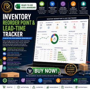 May include: Laptop screen displaying an inventory management dashboard with charts and data. The dashboard includes sections for reorder points, lead times, and low stock alerts. The text reads "BUY NOW!" and "Stay Stocked Save Money Grow Faster."
