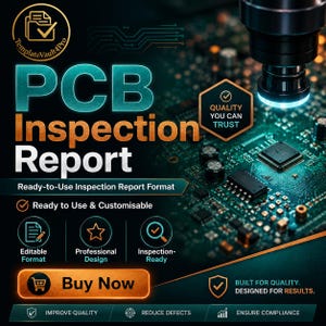 Può includere: Un grafico digitale per un rapporto di ispezione PCB con il testo "PCB Inspection Report", "Ready-to-Use Inspection Report Format", "Quality You Can Trust", "Buy Now" e "Built for Quality. Designed for Results" su uno sfondo di circuito stampato.