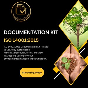 以下が含まれることがあります： 「DOCUMENTATION KIT ISO 14001:2015」のテキストが入った黒と黄色のグラフィック。画像にはロゴ、木の形をしたグラフィック、芽のある土を抱える手が含まれています。テキストは、すぐに使えるドキュメントキットについて説明しています。