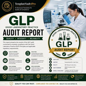Pode incluir: Um modelo profissional para qualidade e conformidade, com o texto "GLP Good Laboratory Practice Audit Report". O design inclui um técnico de laboratório usando um microscópio e ícones que representam qualidade, integridade e confiabilidade.