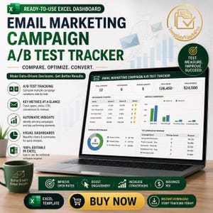 May include: A laptop displays an Excel dashboard for email marketing campaign A/B test tracking. The screen shows data analysis, charts, and the text "Buy Now." A green mug with the text "Better Emails Better Results" is on the left.